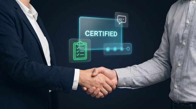 Business Partners Shake Hands Beside Glowing Certified Badge Interface to Seal Agreement, Confirm Compliance, Verify Standards, Approve Checklist, and Build Trust