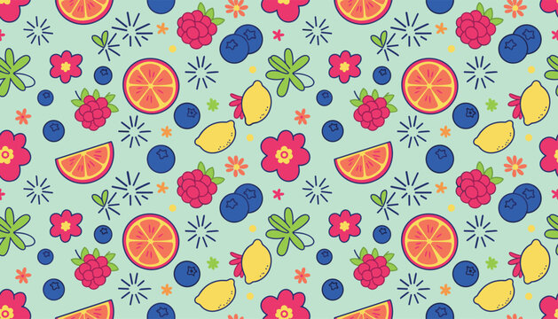 Seamless pattern featuring vibrant summer fruits like oranges and lemons mixed with flowers and berries.