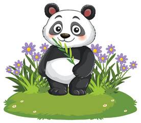 Obraz premium Cute Cartoon Giant Panda Holding Bamboo in a Flower Garden