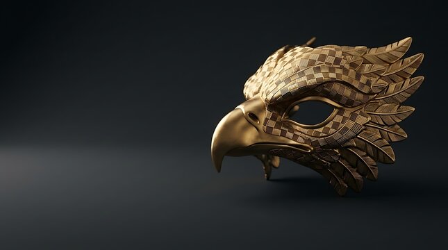 Ornate golden bird mask with detailed textures on black background