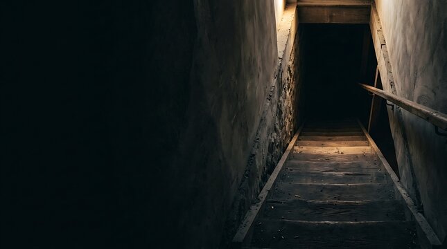 Dimly lit wooden staircase descending into a dark cellar