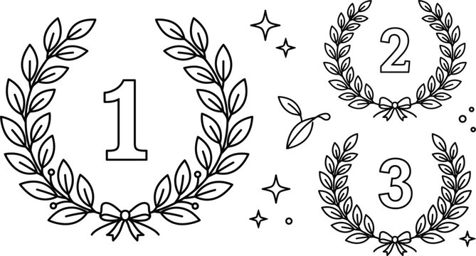 Laurel wreath award line icon set with rank numbers one two three winner champion linear vector illustration layout