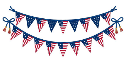 Fototapeta premium American flag bunting, patriotic pennant garland, USA flags, festive decorations isolated on White Background