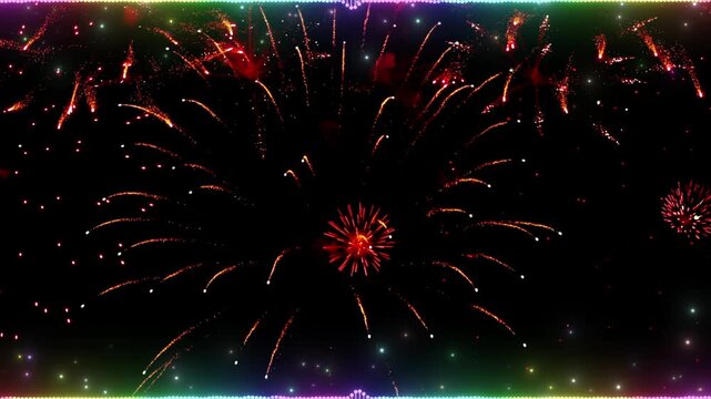 Fireworks explode in a vibrant display across the dark night sky with colorful light trails and festive patterns for celebration.