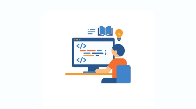 Colorful illustration of a programmer working at computer.