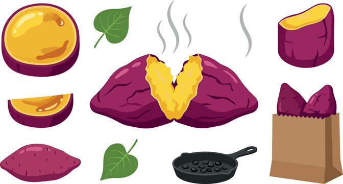 Baked Sweet Potato Vector Set Featuring Hot Steaming Roasted Yams Slices Leaves and Paper Bag Elements for Organic Food Menu Designs