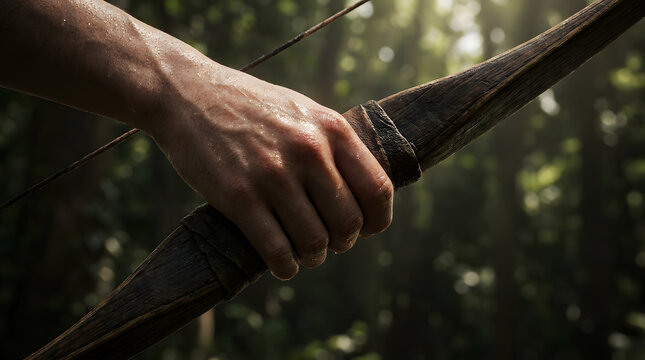 Close-up of a sweaty hand gripping a traditional wooden bow in the forest