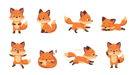 Fototapeta premium Cute cartoon foxes in playful poses with different actions Vector
