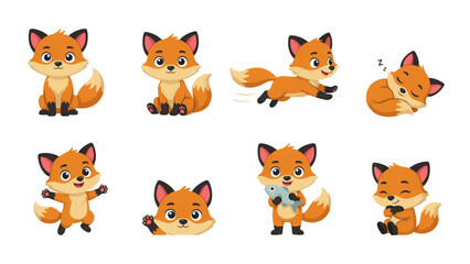Fototapeta premium Colorful cartoon foxes in playful poses with autumn leaves Vector