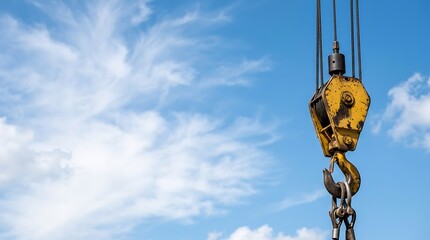 Fototapeta premium Yellow industrial crane hook and pulley block against blue sky