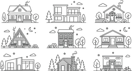 Obraz premium Minimalist house architectural building line icon set with modern villa cabin cottage tiny home linear vector illustration collection