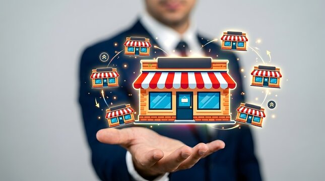 Businessman presenting retail franchise expansion store network