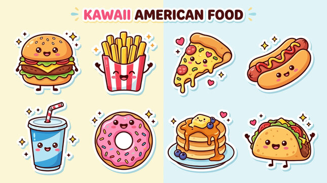 Colorful Kawaii American food illustrations including burgers, fries, pizza, hot dog, donut, soda, pancakes, and taco.