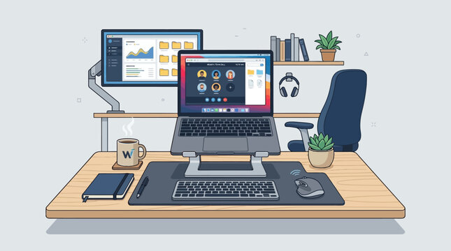 A cluttered office desk with a laptop computer monitor keyboard mouse and office supplies