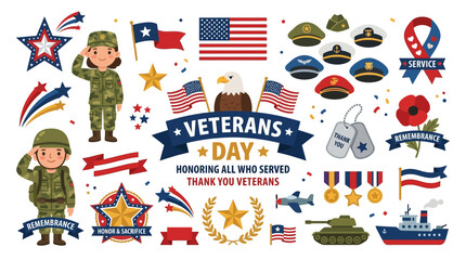 Fototapeta premium Veterans Day celebration with soldiers, flags, and military symbols