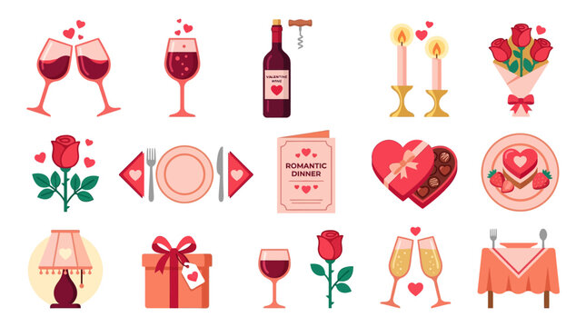 A romantic dinner setup with wine glasses, roses, and chocolates on a table indoors.