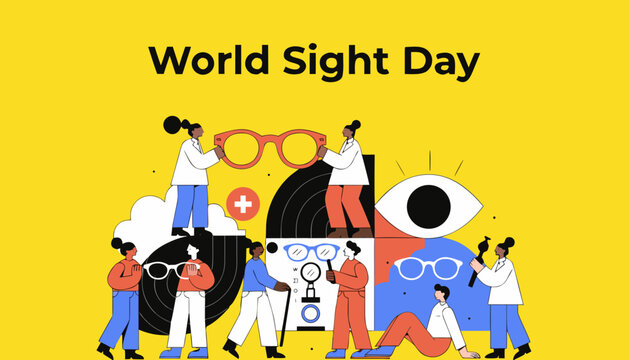 World Sight Day, eye care, vision awareness, colorful illustration, people, glasses
