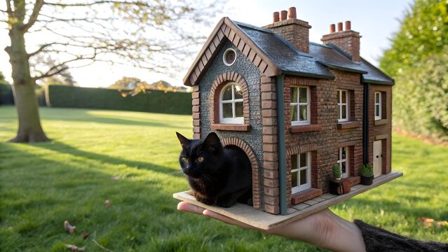 Black cat sitting inside miniature brick house model in outdoor garden setting