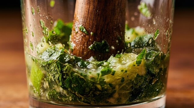 A close-up of a muddler crushing fresh mint leaves, lime wedges, and simple syrup in a tall glass for a mojito. Ice cubes clink. The mint bright green, the lime juice visible.