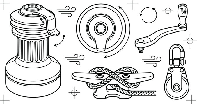 Sailing deck hardware line icon set with winch handle cleat rope knot pulley block and marine rigging elements
