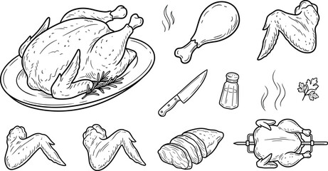 Hand Drawn Line Art Roasted Chicken Vector Set Featuring Whole Poultry Drumstick Wings Slices and Rotisserie for Restaurant Menu Graphic Designs © MstBabli