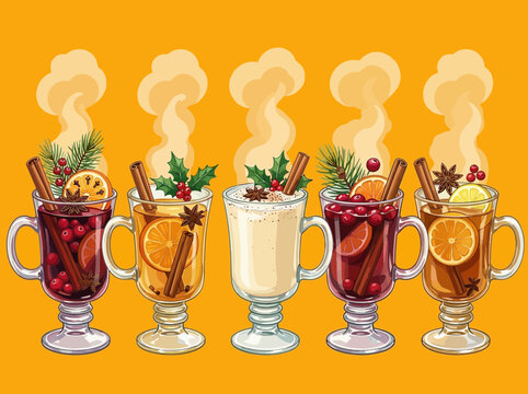 A row of steaming winter holiday beverages with festive garnishes like cinnamon sticks and orange slices