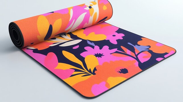 Rolled colorful yoga mat with floral pattern on gray background