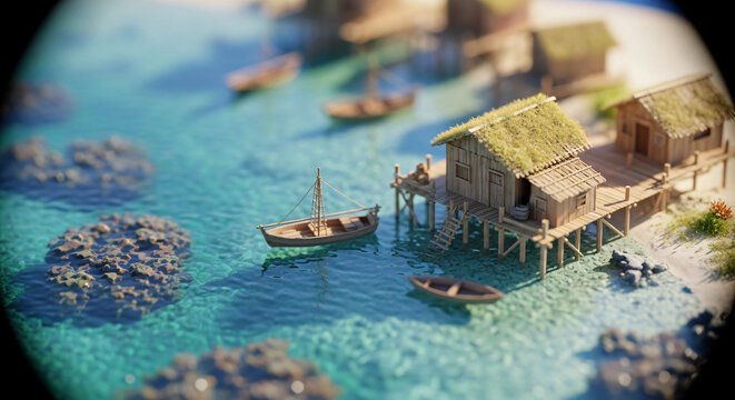 Miniature Tropical Fishing Village with Stilt Houses and Clear Water