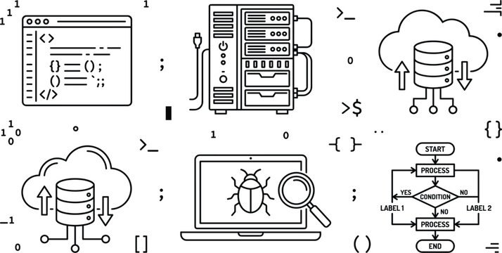Software development and programming vector line art icon set featuring code browser server cloud database flowchart and bug