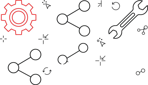Technology and network optimization vector line art icon set featuring red gear wrench tool and data sharing nodes
