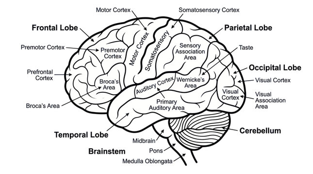 Human Brain Anatomy Diagram with Labels - Lobes, Cortex, Cerebellum