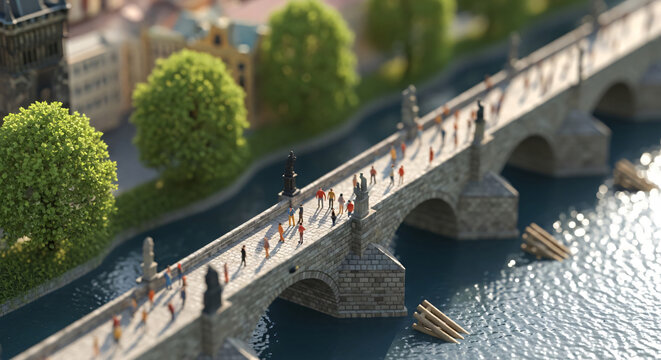 Miniature stone bridge with tiny people and river in tilt-shift style