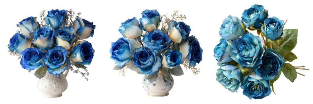 Set of Beautiful blue roses arranged symmetrically in a white porcelain vase on transparent png background. Ai generated
