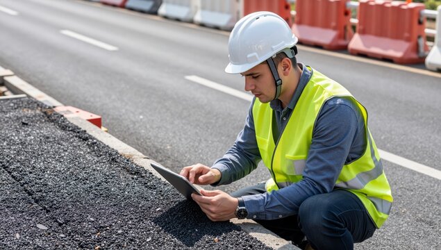 Engineer using a digital tablet for road construction inspection on a highway site in daylight