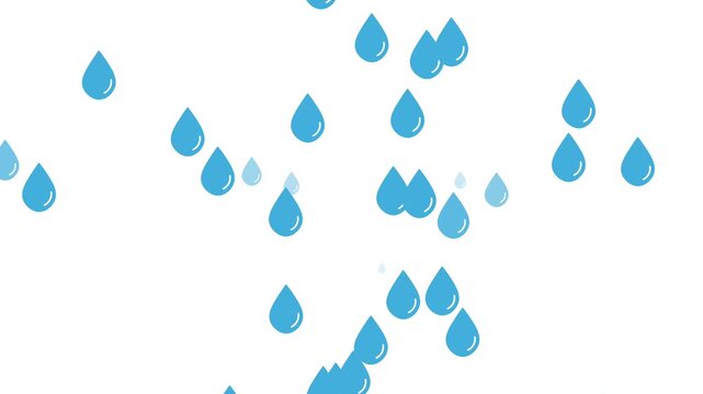 Blue Cartoon Raindrops Animation Flat Vector Water Droplets Floating on White Background Motion Graphic