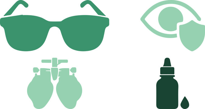 Ophthalmology and eye care icon set, green medical vision icons with sunglasses and eye drops, optometry equipment vector illustrations