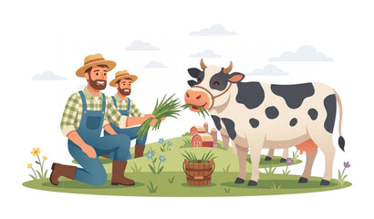 Naklejka premium Pet Cow Feeding Scene with Man Vector Illustration