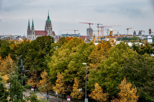 Munich Skyline Views Near Bavariaring In Autumn