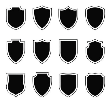 Police badge shape featuring vector military shield silhouettes, security emblems, football patches, law enforcement insignias, heraldic crest templates, and protective shield design elements