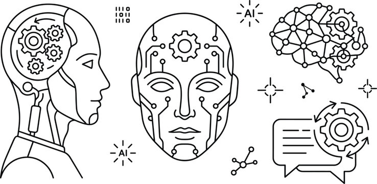 Artificial intelligence line icon set with robot face humanoid cyborg neural network brain gears and machine learning elements