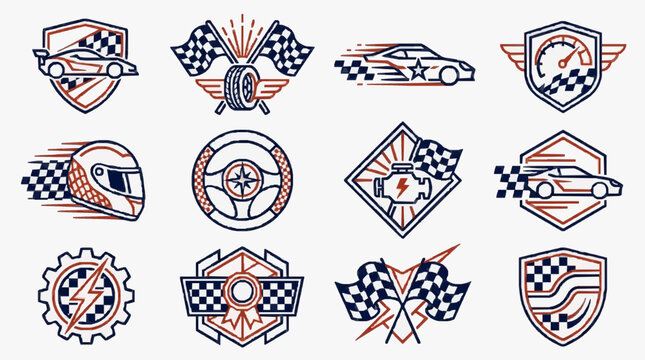 Modern Racing Car Emblem Collection with Bold Red Black and White Checkered Flag Designs with high quality professional line art symbols for modern creative design and digital branding projects