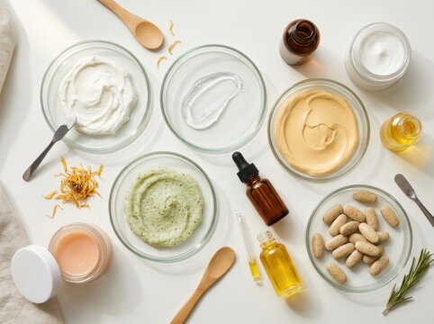 Various cosmetic ingredients and formulations displayed in bowls and bottles for skincare product creation