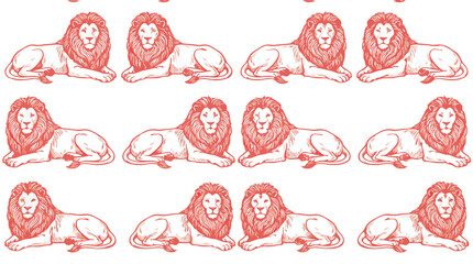 Pattern of stylized red lions with thick manes lying down on a white background © Amirul