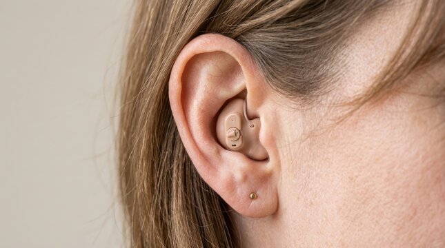 Close-up of a person's ear with a discreet beige hearing aid device providing auditory assistance