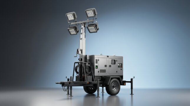 Industrial generator light tower 3D render self powered mobile illumination system onsite power generation remote construction disaster recovery deployment