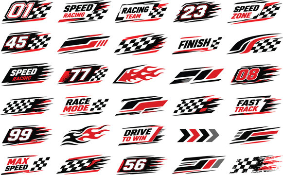 Thirty racing decals and speed featuring checkered flags, flames, and numbers for vehicle customization