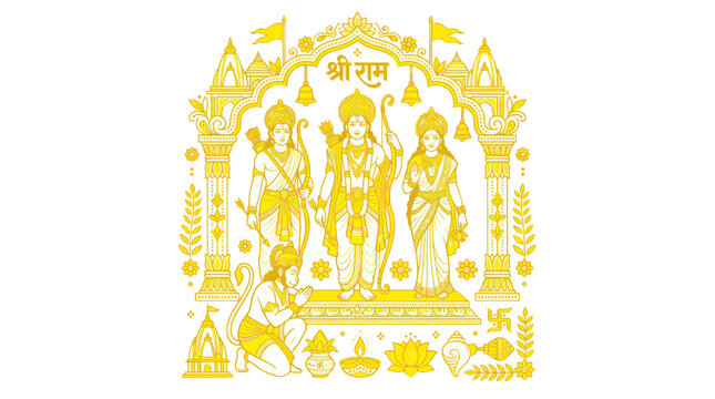 Ram darbar with hindu deities in an ornate golden line art frame