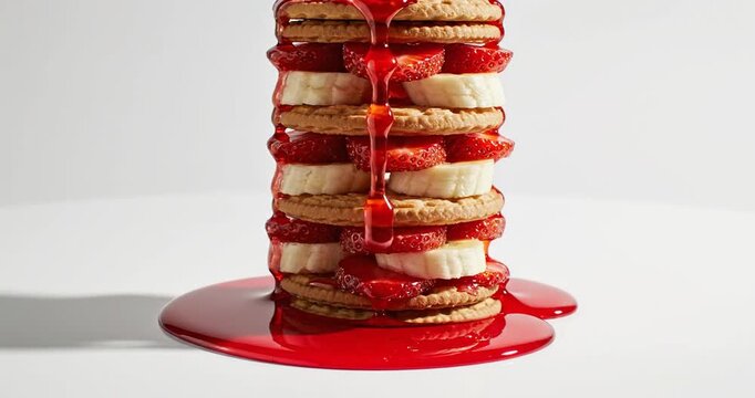 Stacked cookies with banana and strawberry layers, dripping with red syrup on a white surface