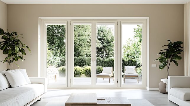 Modern living room with white furniture and sliding glass doors