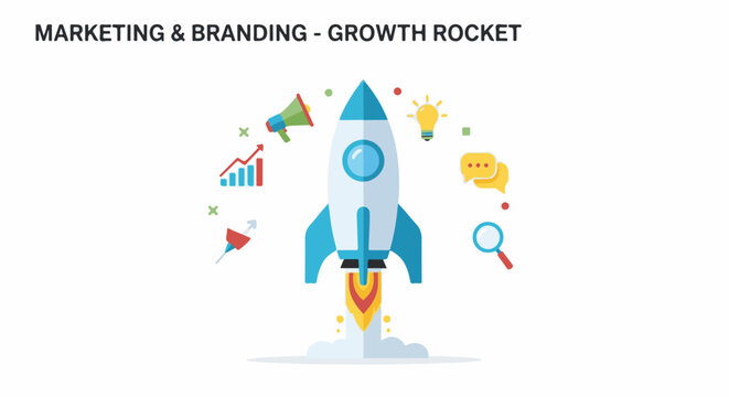 A rocket with various marketing and branding symbols around it